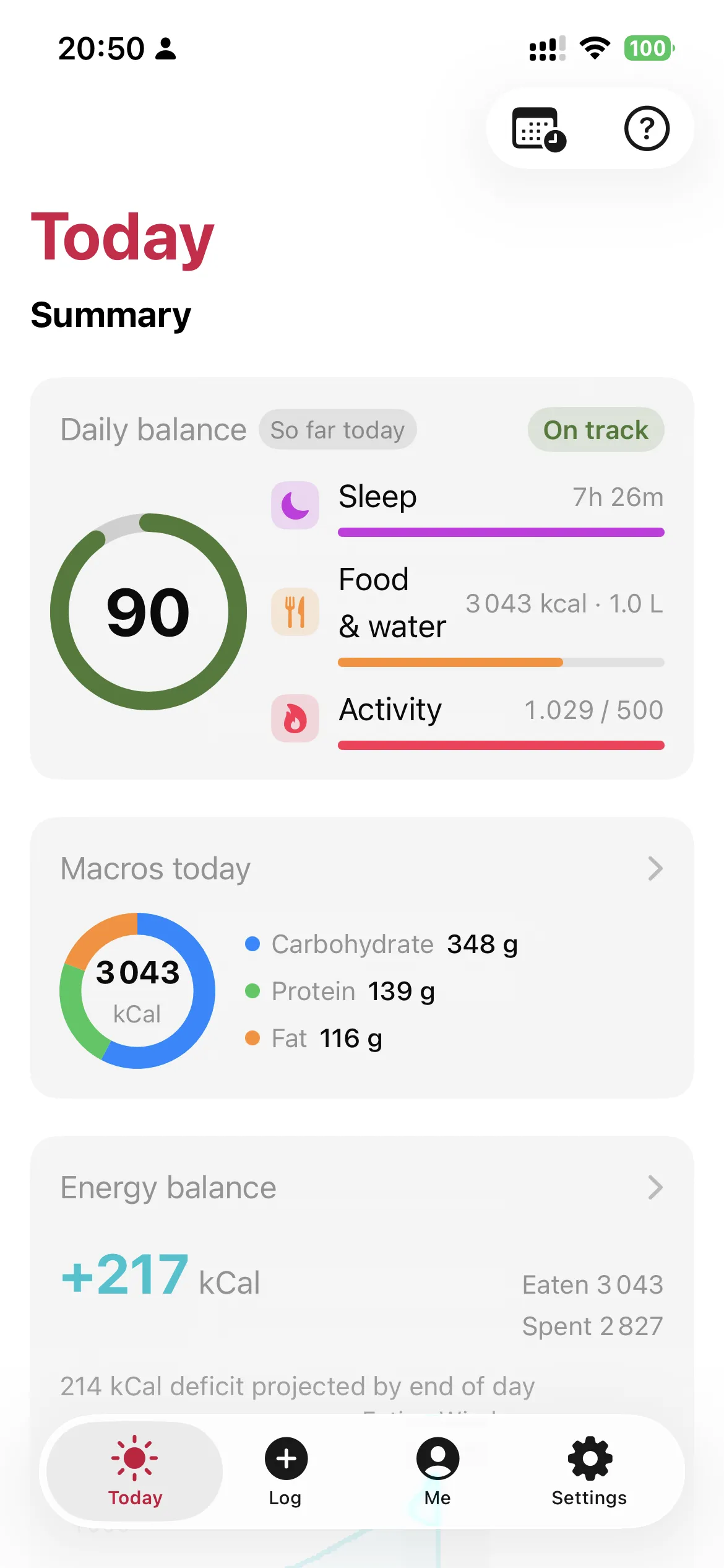 slotho Today screen showing a daily balance score with sleep, food, water and activity