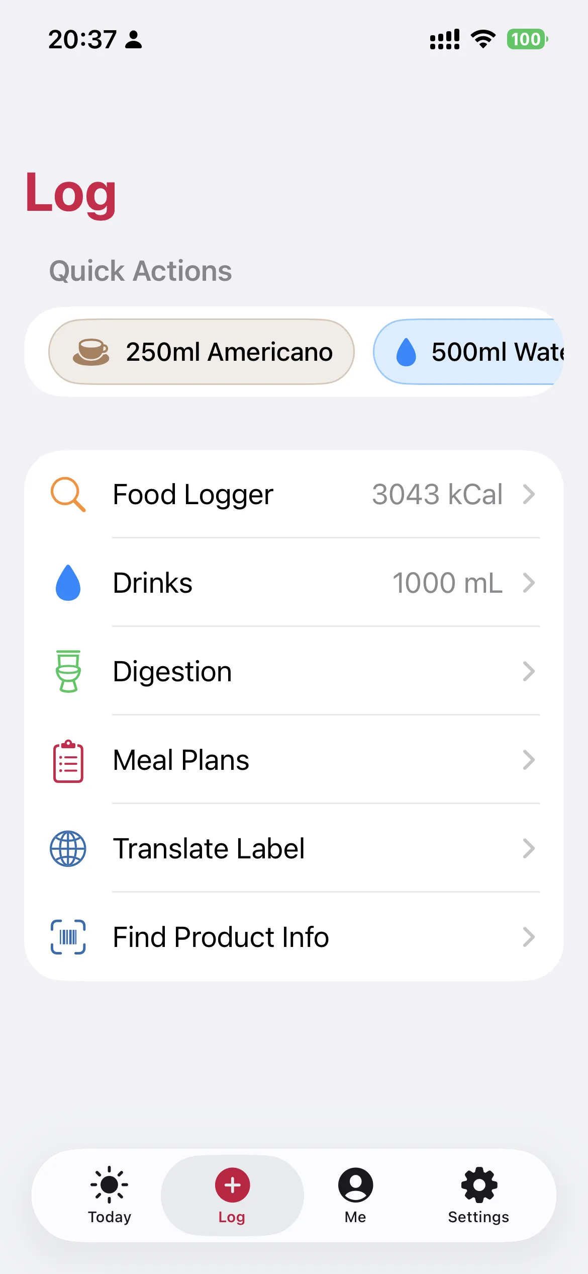 slotho Log screen with quick actions and shortcuts for food, drinks and more
