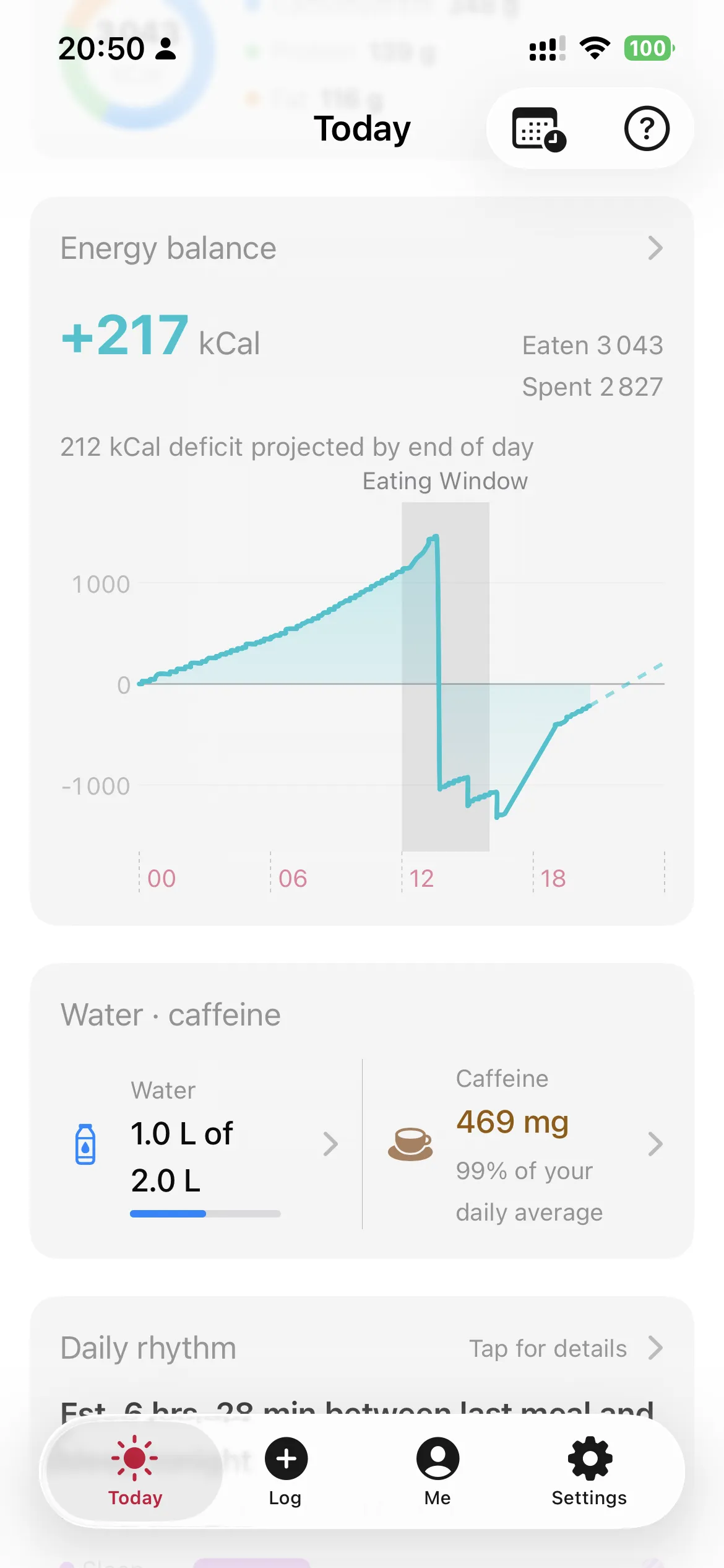 slotho energy screen charting calories in and out across the day