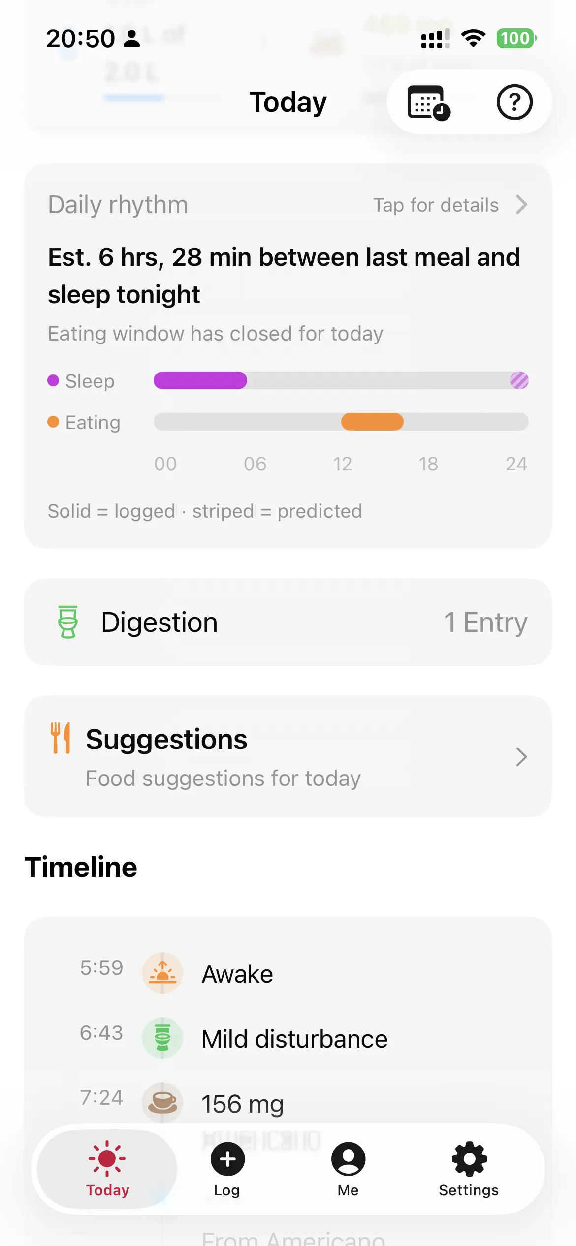 slotho screen showing the daily rhythm of meals, drinks and movement