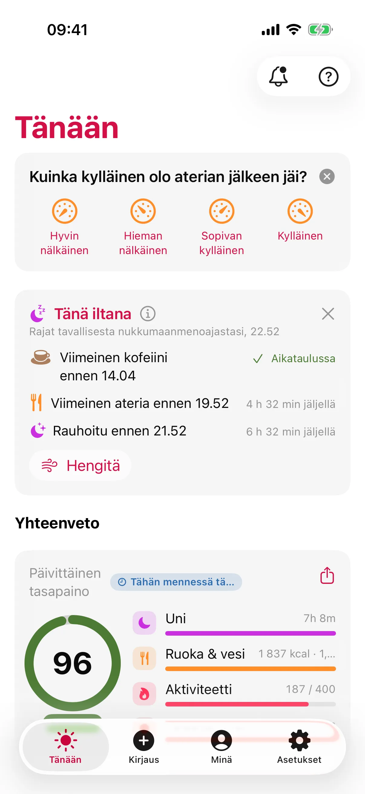 slothon Tänään-näkymä: kysymys ”Kuinka kylläinen olo aterian jälkeen jäi?”, Tänä iltana -kortti, jossa Viimeinen kofeiini ennen 14.04, Viimeinen ateria ennen 19.52 ja Rauhoitu ennen 21.52, sekä Päivittäinen tasapaino 96: Uni, Ruoka & vesi ja Aktiviteetti
