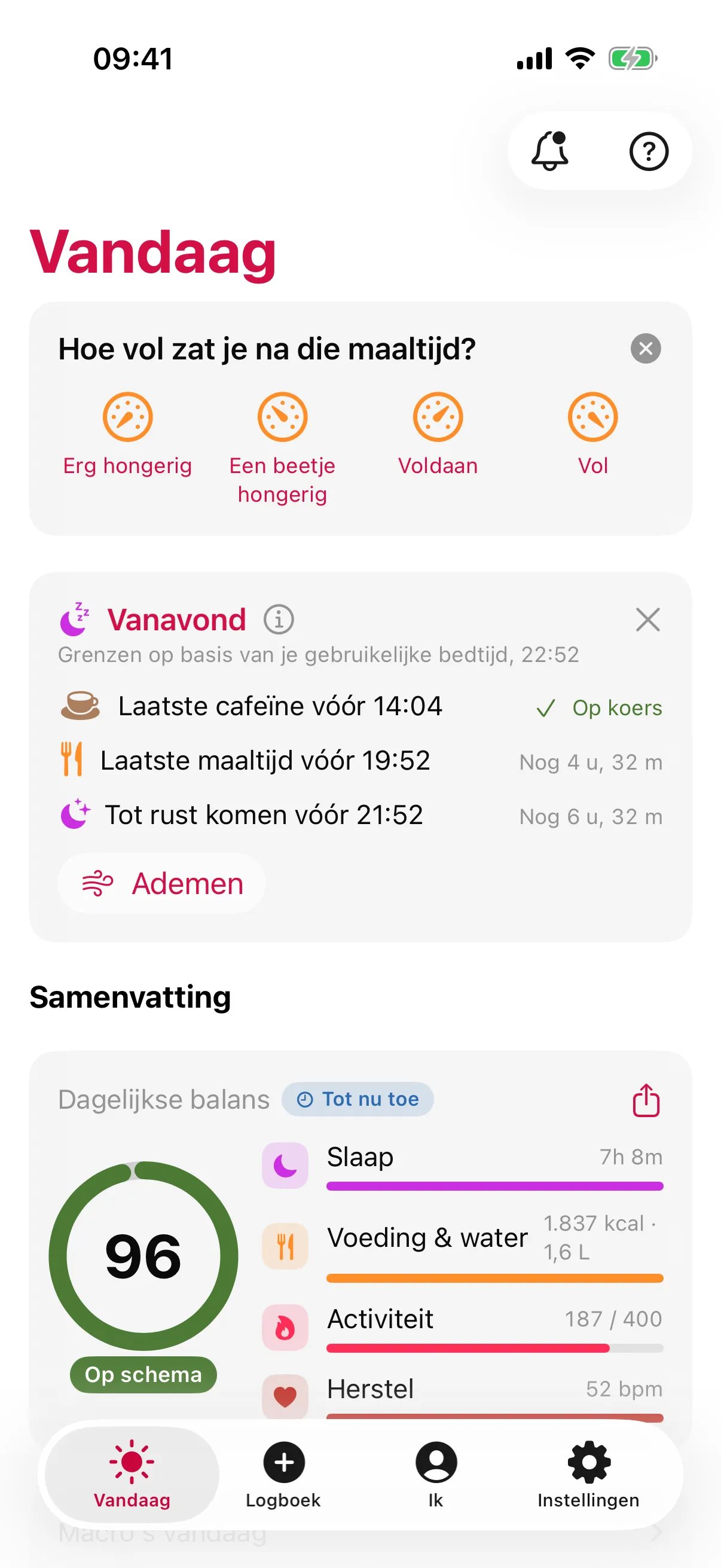 slotho-scherm Vandaag: de vraag „Hoe vol zat je na die maaltijd?”, een kaart Vanavond met Laatste cafeïne vóór 14:04, Laatste maaltijd vóór 19:52 en Tot rust komen vóór 21:52, en een Dagelijkse balans van 96, Op schema, uit Slaap, Voeding & water, Activiteit en Herstel