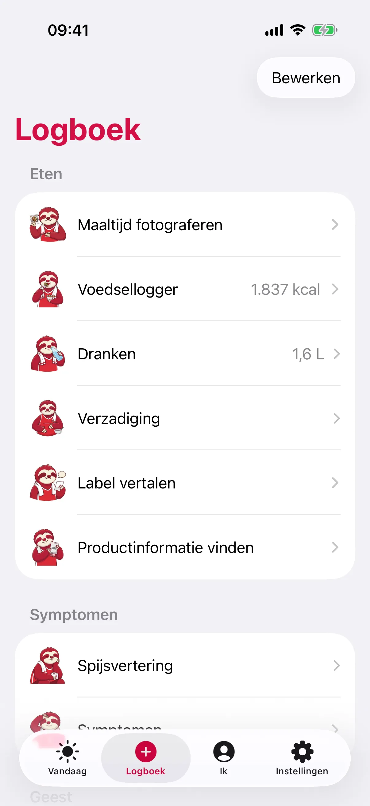 slotho-scherm Logboek, gegroepeerd in Eten en Symptomen, met Maaltijd fotograferen, Voedsellogger op 1.837 kcal, Dranken op 1,6 L, Verzadiging, Label vertalen, Productinformatie vinden en Spijsvertering, elk met de luiaard-mascotte