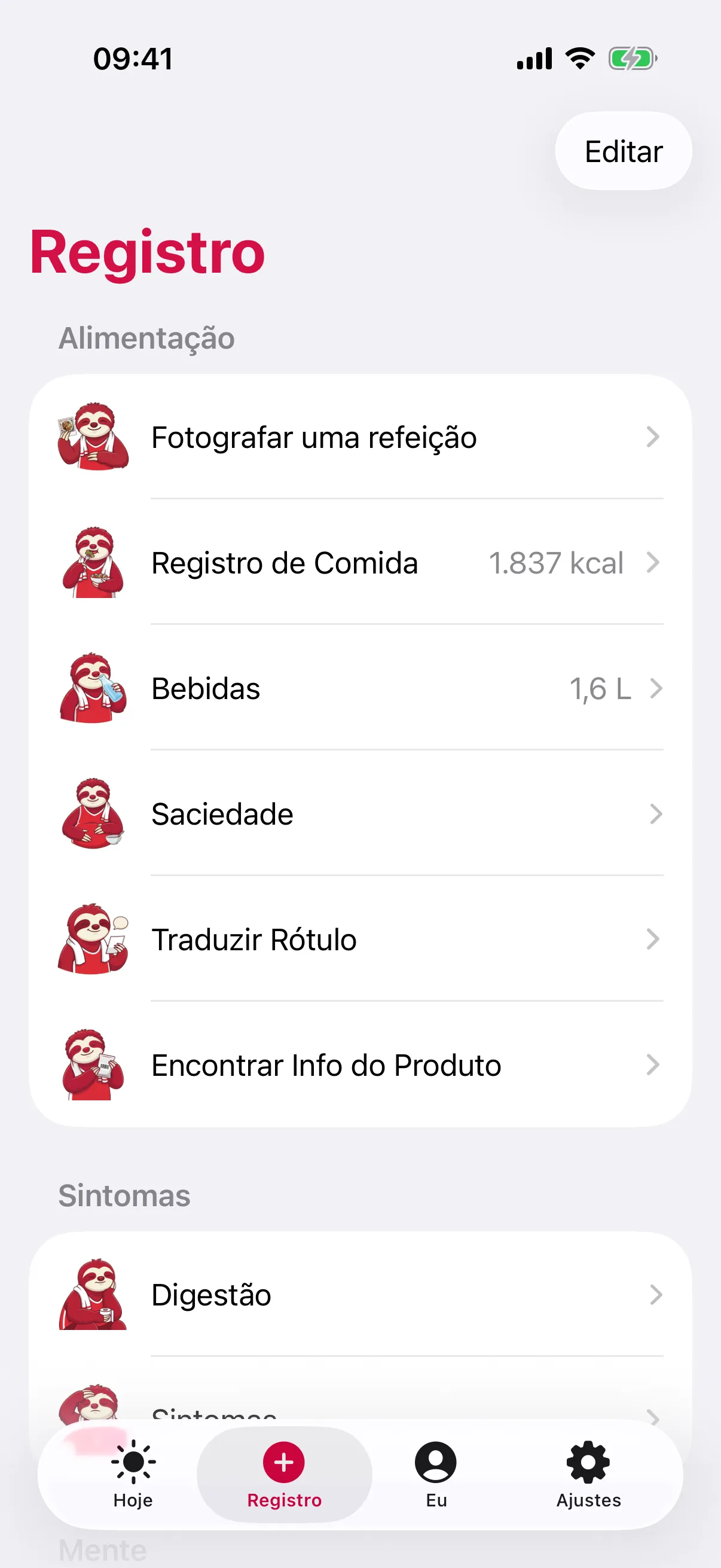 Tela Registro do slotho agrupada em Alimentação e Sintomas, com Fotografar uma refeição, Registro de Comida em 1.837 kcal, Bebidas em 1,6 L, Saciedade, Traduzir Rótulo, Encontrar Info do Produto e Digestão, cada linha com o bicho-preguiça mascote