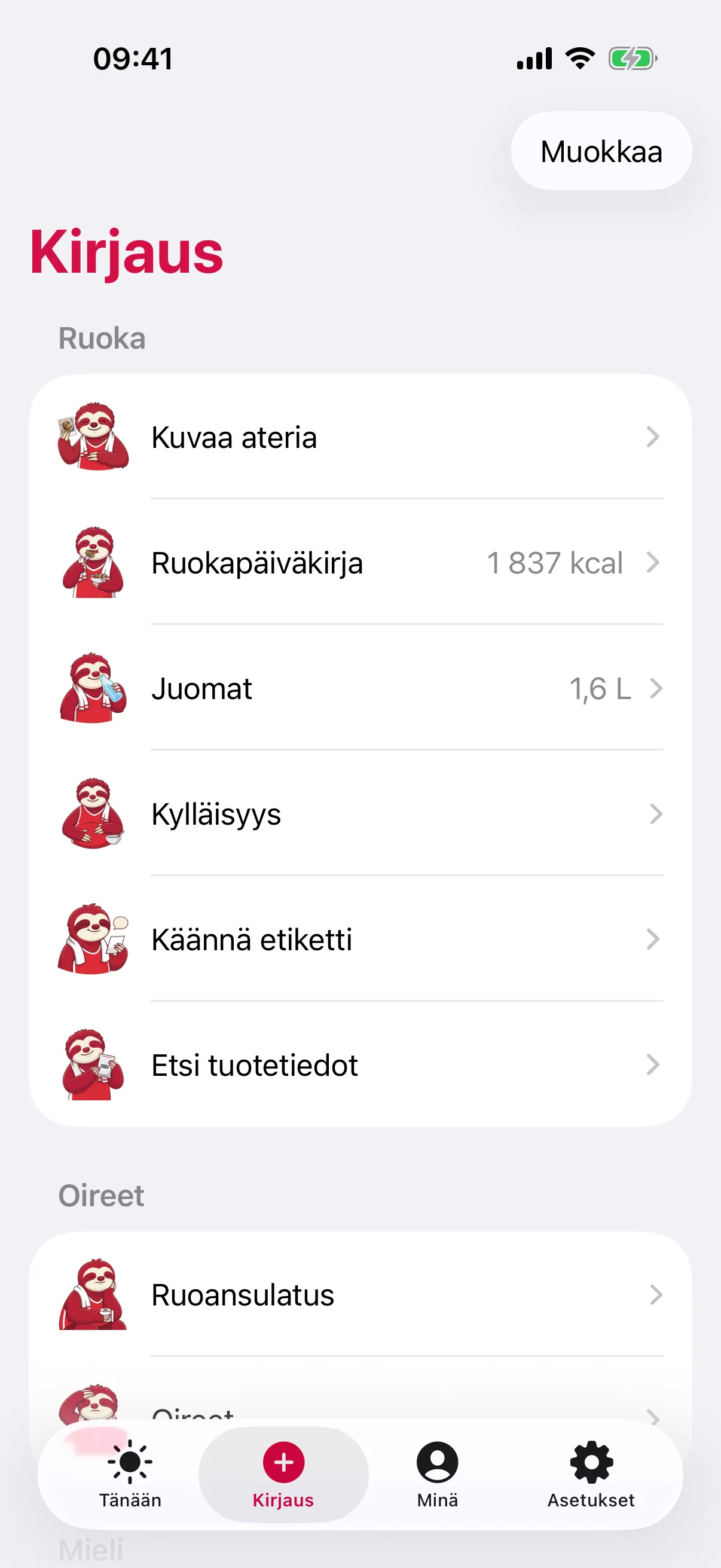 slothon Kirjaus-näkymä osioittain Ruoka ja Oireet: Kuvaa ateria, Ruokapäiväkirja 1 837 kcal, Juomat 1,6 L, Kylläisyys, Käännä etiketti, Etsi tuotetiedot ja Ruoansulatus, jokaisessa laiskiaismaskotti