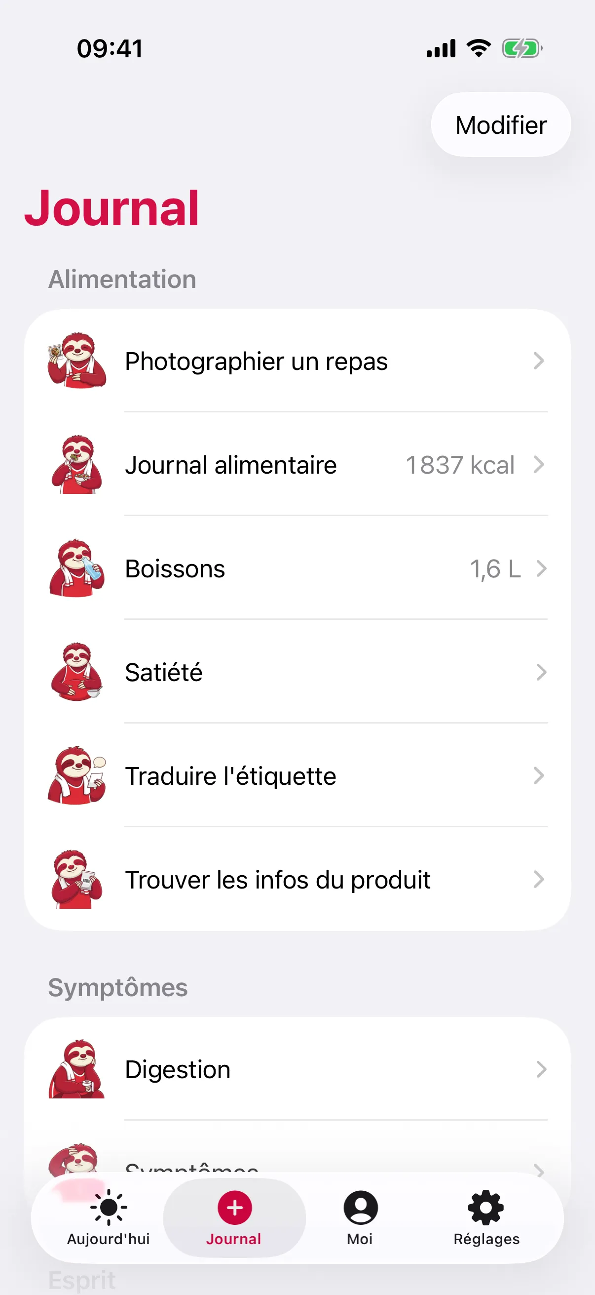 Écran Journal de slotho, groupé en Alimentation et Symptômes, avec Photographier un repas, Journal alimentaire à 1837 kcal, Boissons à 1,6 L, Satiété, Traduire l’étiquette, Trouver les infos du produit et Digestion, chacun avec la mascotte paresseux