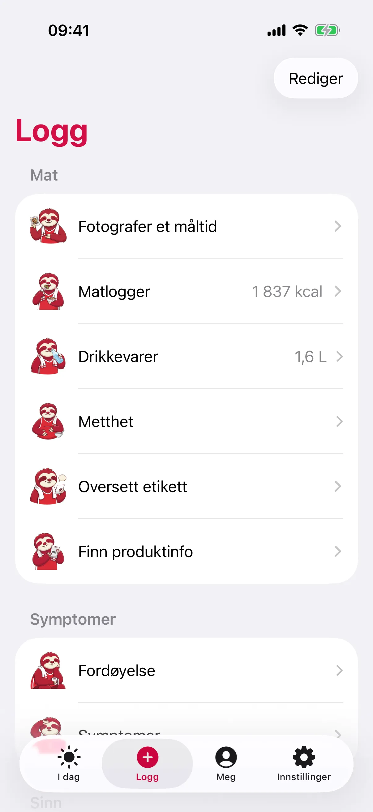 slotho-skjermen Logg, gruppert under Mat og Symptomer, med Fotografer et måltid, Matlogger på 1 837 kcal, Drikkevarer på 1,6 L, Metthet, Oversett etikett, Finn produktinfo og Fordøyelse, hver med dovendyr-maskoten