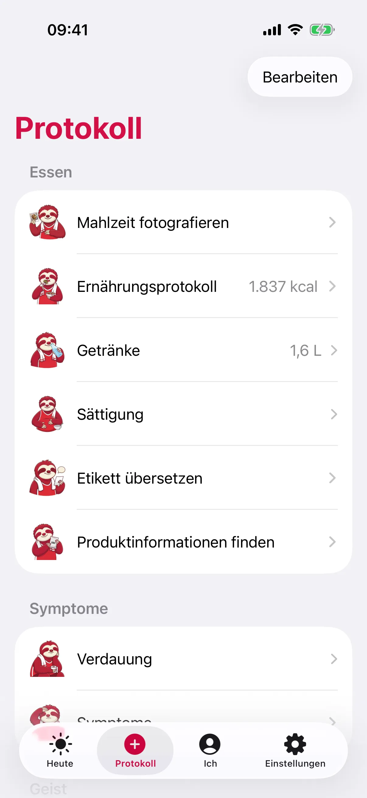 slotho-Bildschirm „Protokoll“, gegliedert in „Essen“ und „Symptome“, mit „Mahlzeit fotografieren“, „Ernährungsprotokoll“ bei 1.837 kcal, „Getränke“ bei 1,6 L, „Sättigung“, „Etikett übersetzen“, „Produktinformationen finden“ und „Verdauung“, jeweils mit dem Faultier-Maskottchen