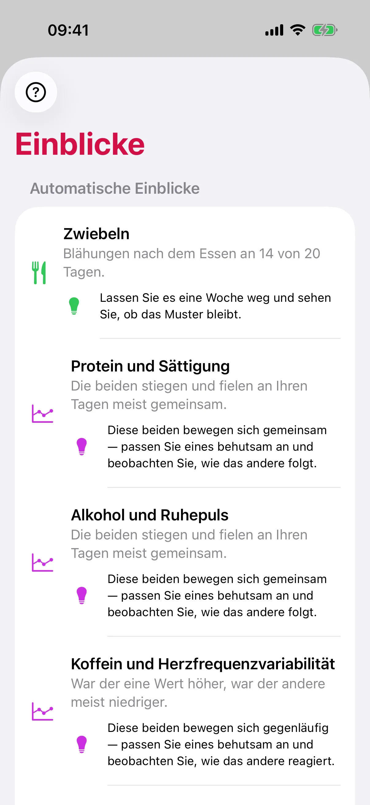 slotho-Bildschirm „Einblicke“: „Zwiebeln“ mit „Blähungen nach dem Essen an 14 von 20 Tagen.“, dazu „Protein und Sättigung“, „Alkohol und Ruhepuls“ sowie „Koffein und Herzfrequenzvariabilität“, jeweils mit einem Vorschlag