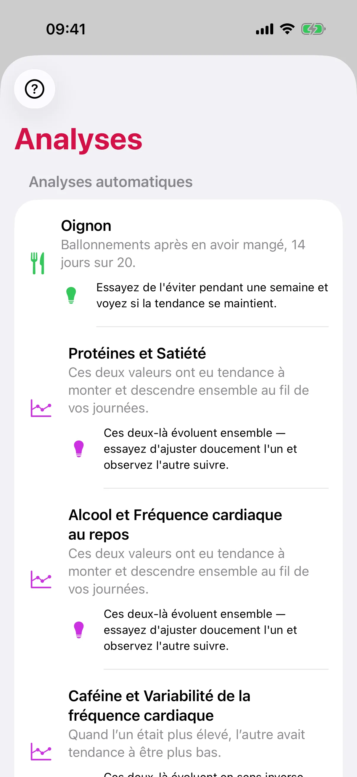 Écran Analyses de slotho : Oignon, « Ballonnements après en avoir mangé, 14 jours sur 20. », Protéines et Satiété qui montent et descendent ensemble, Alcool et Fréquence cardiaque au repos, et Caféine et Variabilité de la fréquence cardiaque