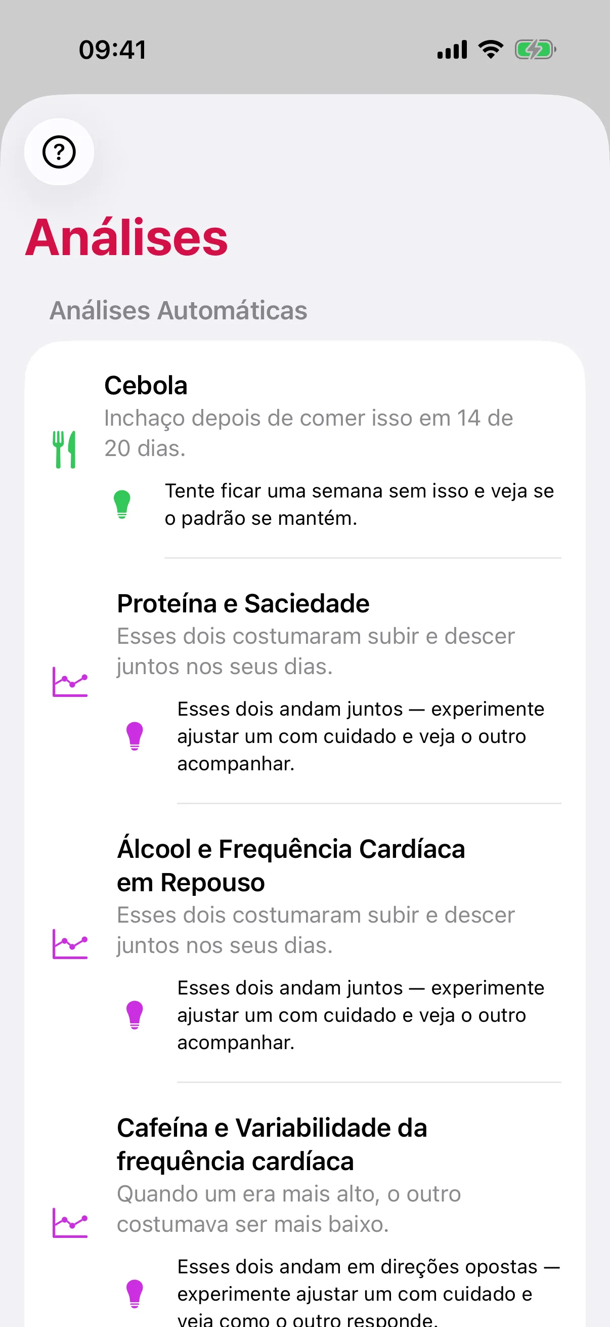 Tela Análises do slotho: Cebola, com “Inchaço depois de comer isso em 14 de 20 dias.”, Proteína e Saciedade subindo e descendo juntas, e Álcool e Frequência Cardíaca em Repouso