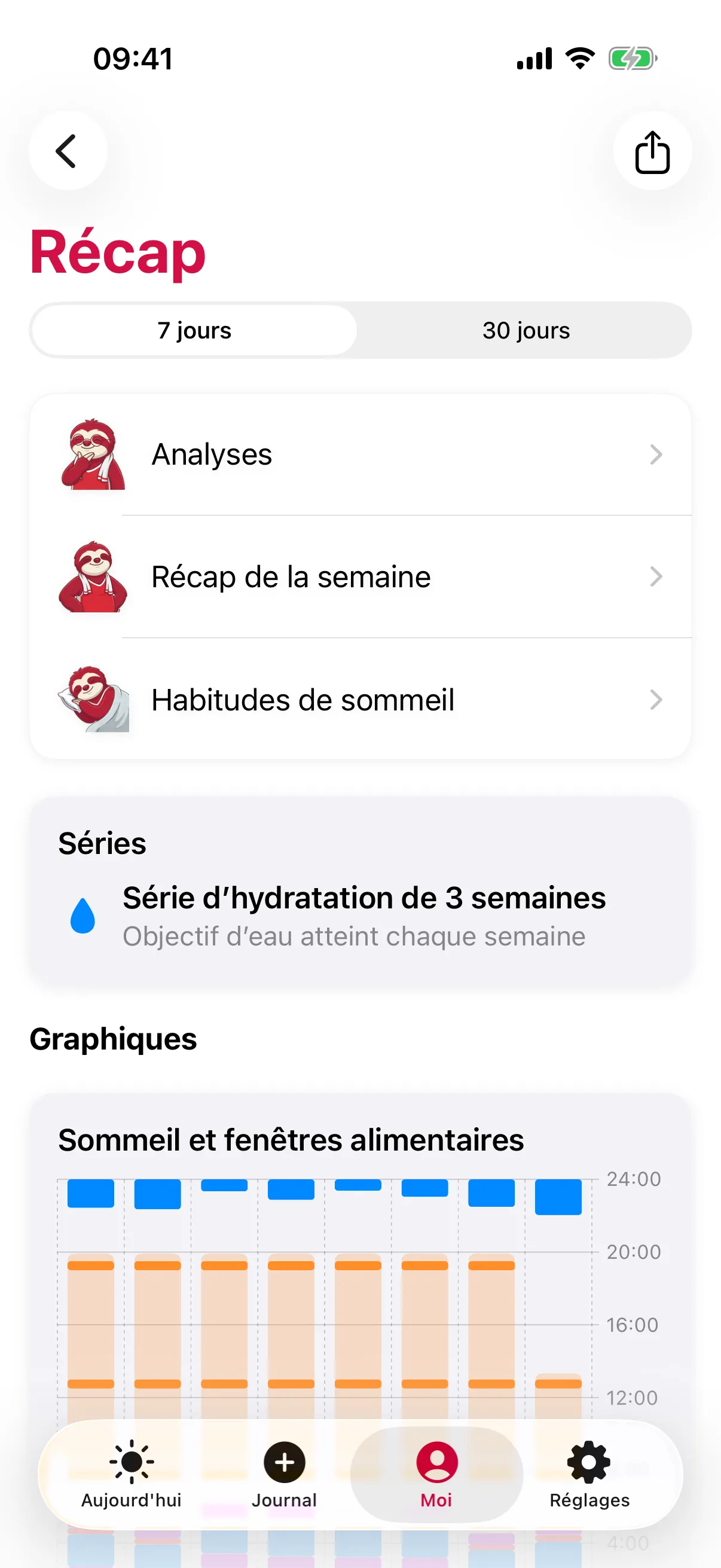 Écran Récap de slotho sur 7 jours avec Analyses, Récap de la semaine et Habitudes de sommeil, une Série d’hydratation de 3 semaines, et le graphique Sommeil et fenêtres alimentaires sur la semaine