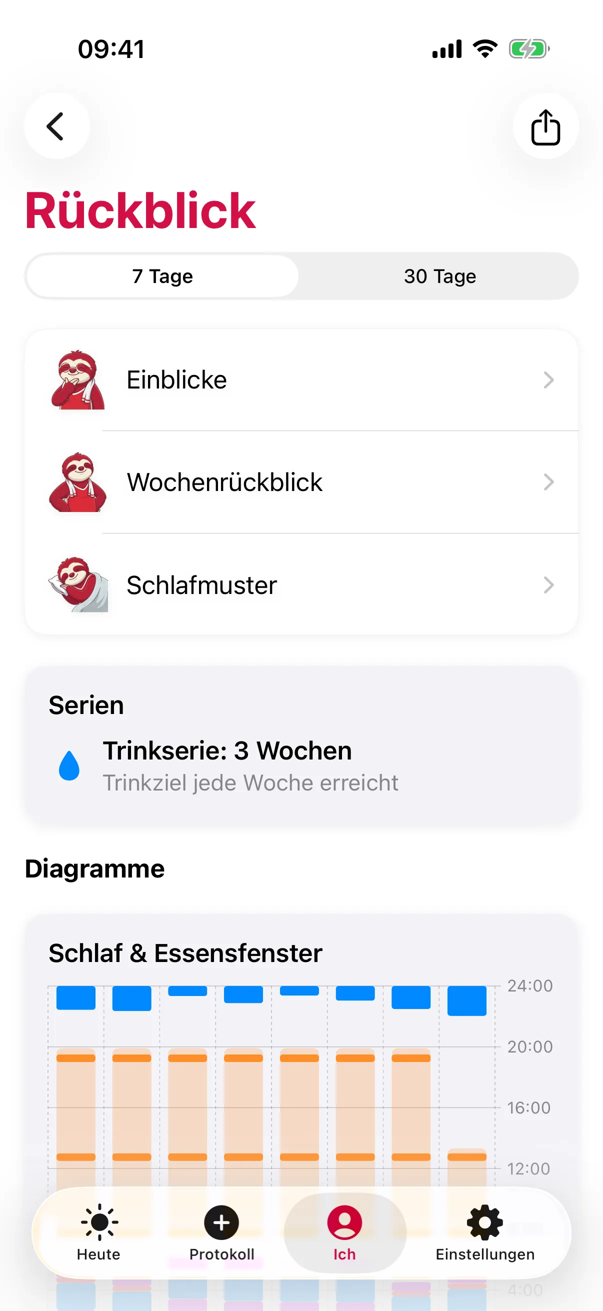 slotho-Bildschirm „Rückblick“ mit „Einblicke“, „Wochenrückblick“ und „Schlafmuster“, der Serie „Trinkserie: 3 Wochen“ und dem Diagramm „Schlaf & Essensfenster“ über die Woche