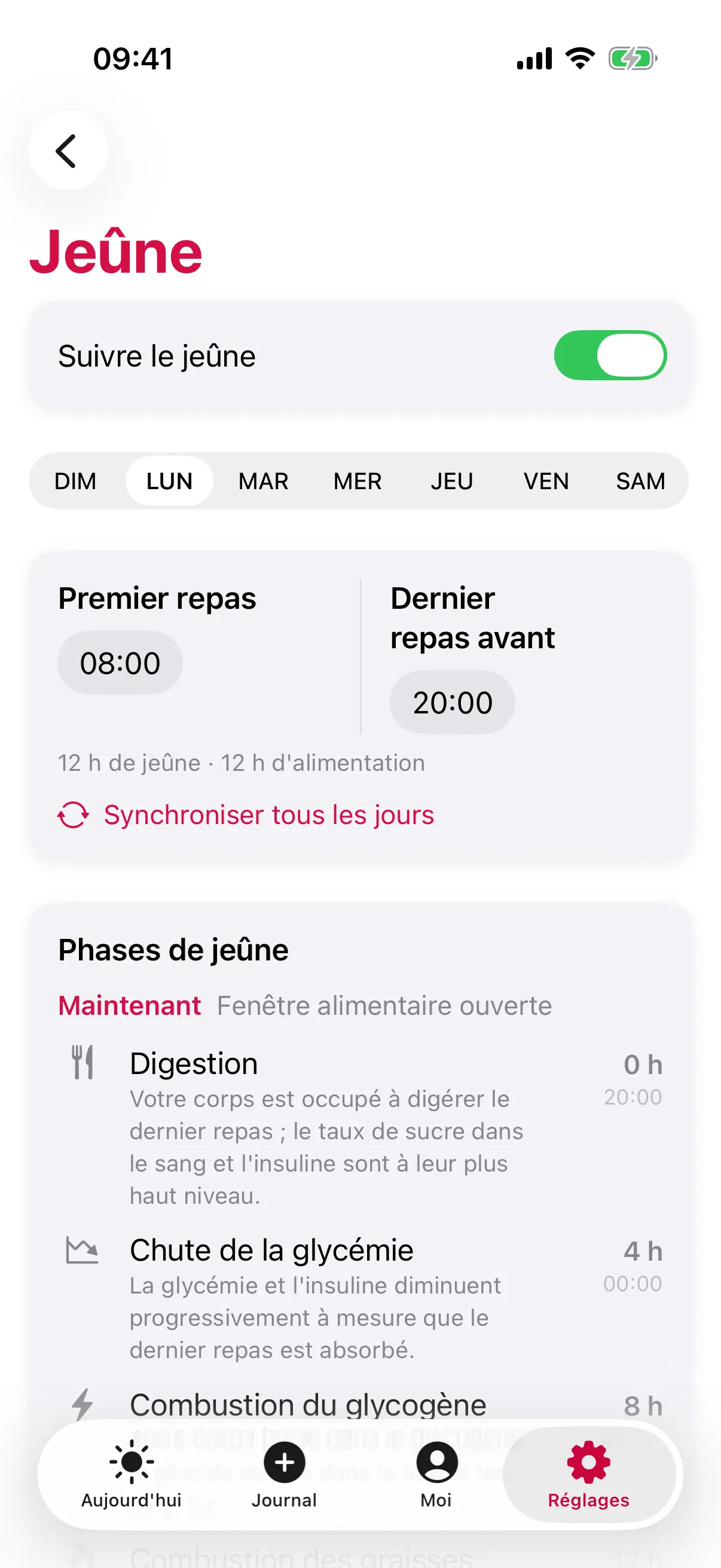 Réglages Jeûne de slotho : Suivre le jeûne activé, Premier repas 08:00 et Dernier repas avant 20:00 le LUN, « 12 h de jeûne · 12 h d’alimentation », et les Phases de jeûne de Digestion à Chute de la glycémie et Combustion du glycogène