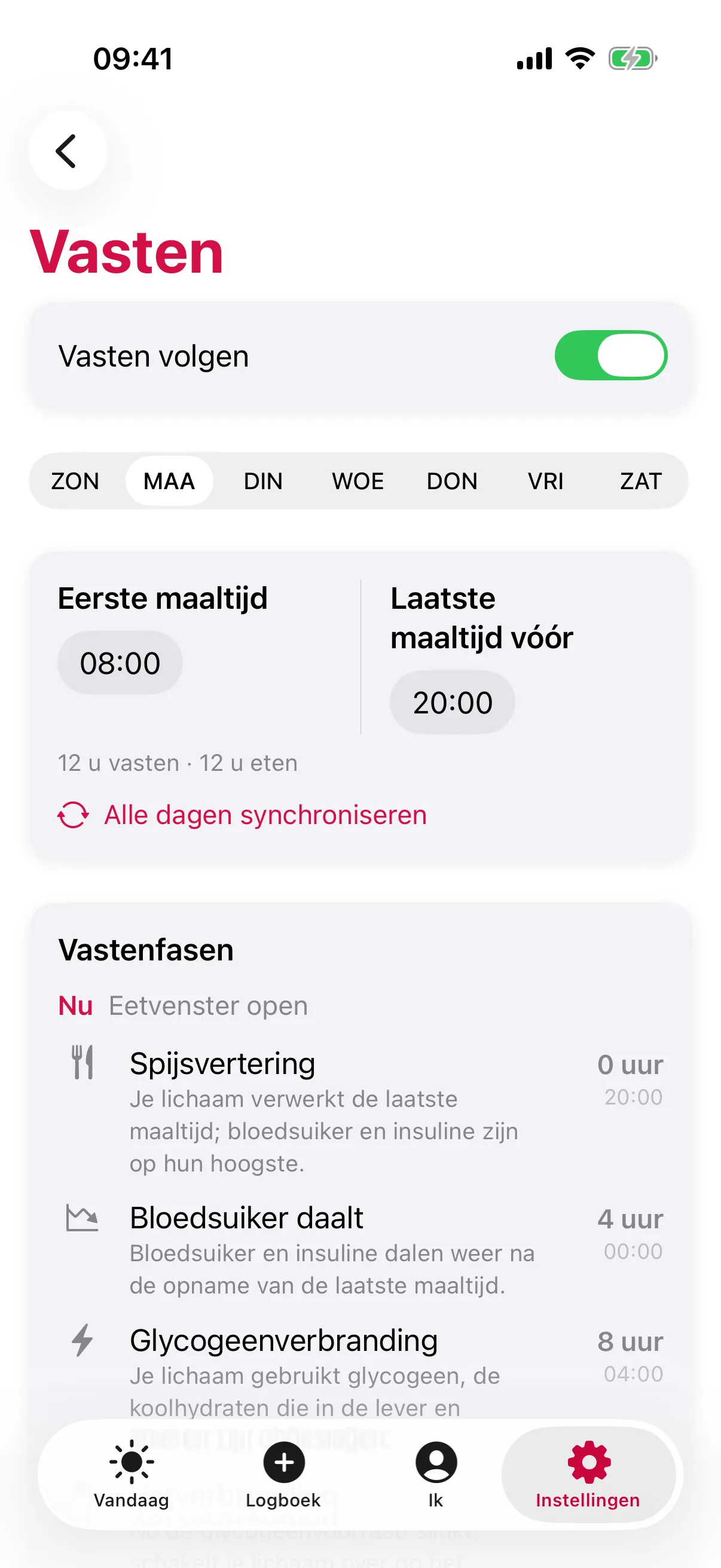 slotho-instellingen Vasten: Vasten volgen aan, Eerste maaltijd 08:00 en Laatste maaltijd vóór 20:00 op MAA, 12 u vasten · 12 u eten, en de Vastenfasen van Spijsvertering tot Bloedsuiker daalt en Glycogeenverbranding