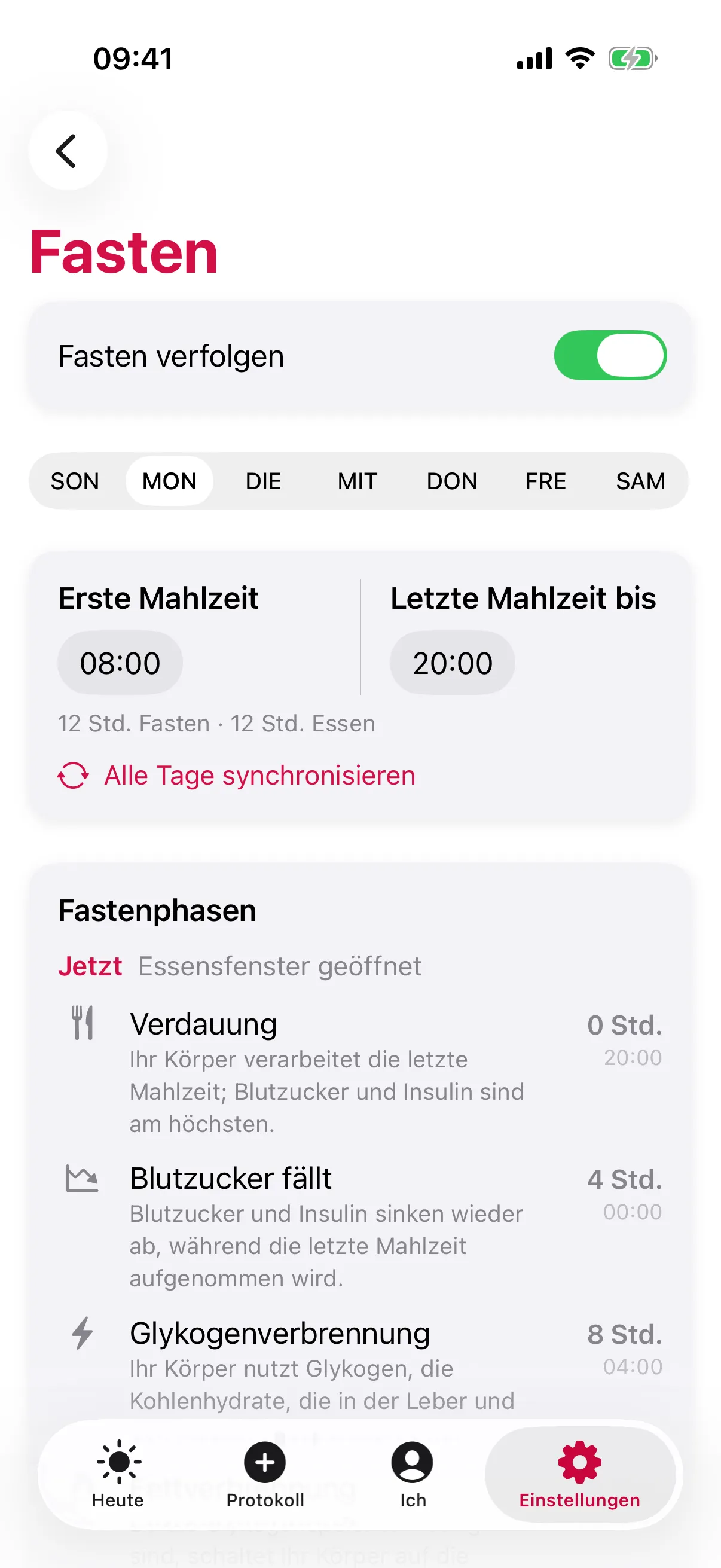 slotho-Einstellungen „Fasten“: „Fasten verfolgen“ eingeschaltet, für „MON“ „Erste Mahlzeit“ 08:00 und „Letzte Mahlzeit bis“ 20:00 mit „12 Std. Fasten · 12 Std. Essen“, dazu die „Fastenphasen“ von „Verdauung“ über „Blutzucker fällt“ bis „Glykogenverbrennung“