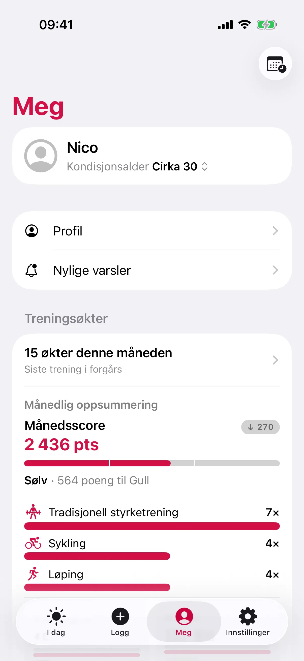 slotho-skjermen Meg: Nico med Kondisjonsalder Cirka 30, 15 økter denne måneden, Månedsscore 2 436 pts på Sølv, 564 poeng til Gull, og Tradisjonell styrketrening 7×, Sykling 4× og Løping 4×