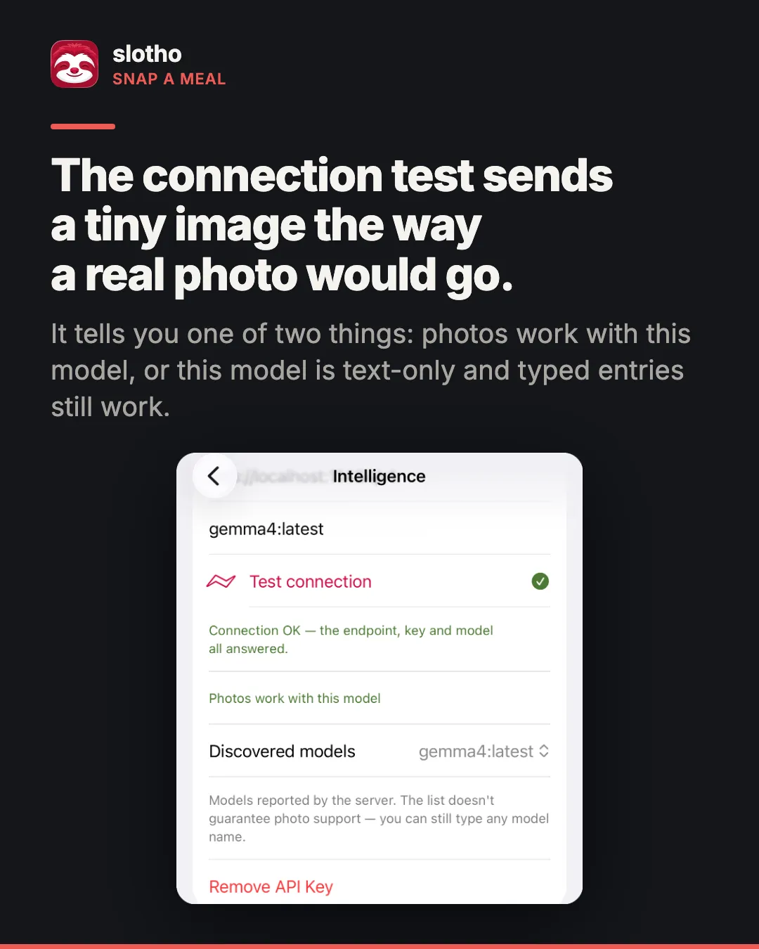 slotho, Mahlzeit fotografieren. Englische Überschrift: „The connection test sends a tiny image the way a real photo would go.“ Bildunterschrift: Er meldet eines von zwei Ergebnissen – Fotos funktionieren mit diesem Modell, oder das Modell kann nur Text und eingetippte Einträge funktionieren weiterhin. Ein iPhone-Bildschirmfoto der Einstellungen unter Intelligenz: ein Modell namens gemma4:latest, „Test connection“ mit grünem Haken, „Connection OK — the endpoint, key and model all answered“ und „Photos work with this model“.