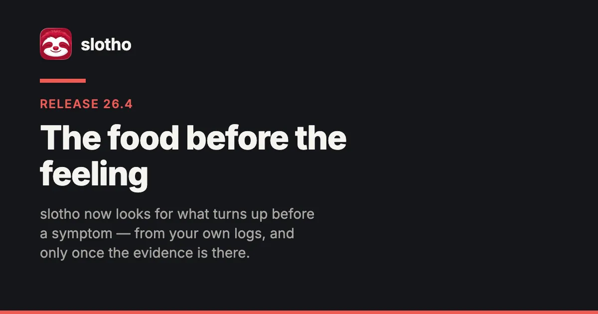 slotho share card — the sloth app icon beside the slotho wordmark, the line "The food before the feeling" under a red rule, on a near-black background