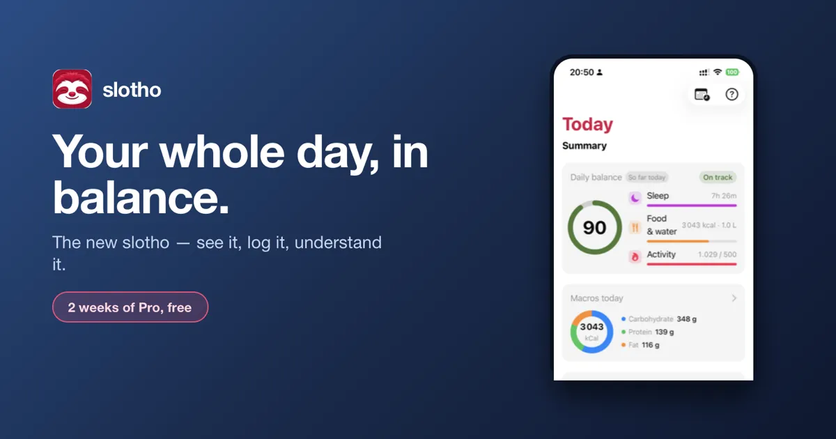 slotho share card on a deep blue background — the wordmark, the headline "Your whole day, in balance." and a "2 weeks of Pro, free" badge, beside an iPhone showing the Today summary with a daily balance of 90